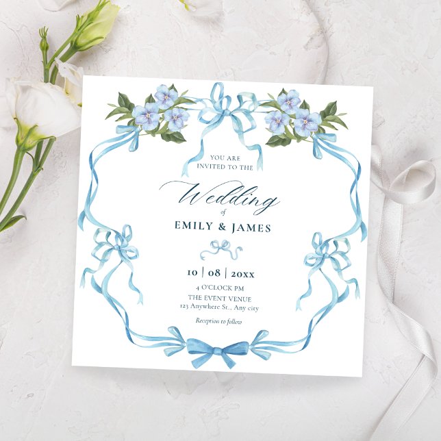 Convites Casamento floral com fita arco azul (Criador carregado)