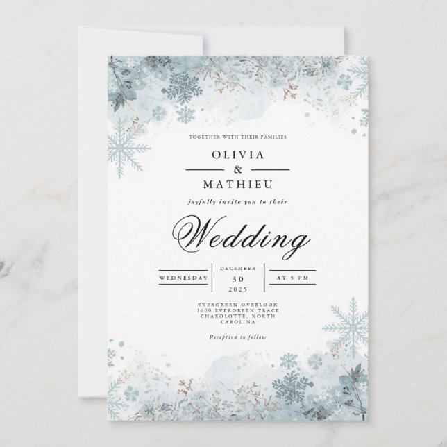 Convites Casamento Floral com Floco de Neve de inverno (Frente)