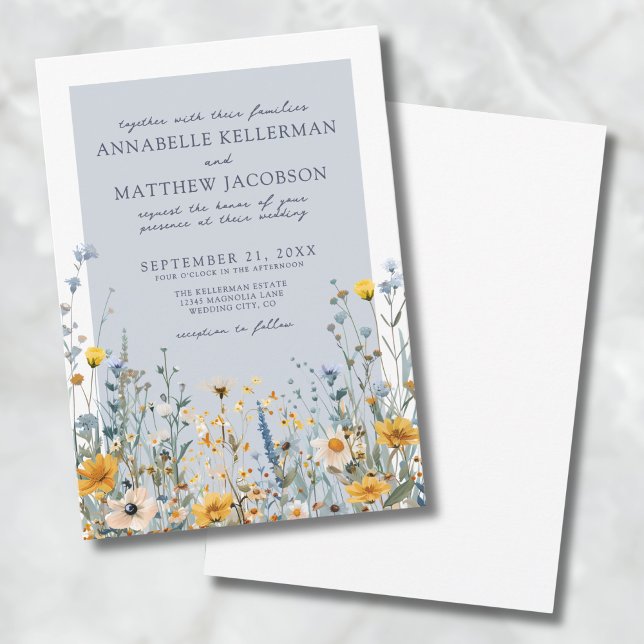 Convites Casamento Floral com Flor Silvestre Azul Empoeirad (Dusty Blue Botanical Wildflower Floral Wedding Invitation)