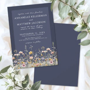 Convites Casamento Floral com Flor Silvestre Azul Marinho