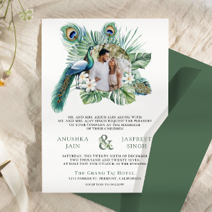 Convites Casamento Floral com Foto do Pavão Indiano Tropica