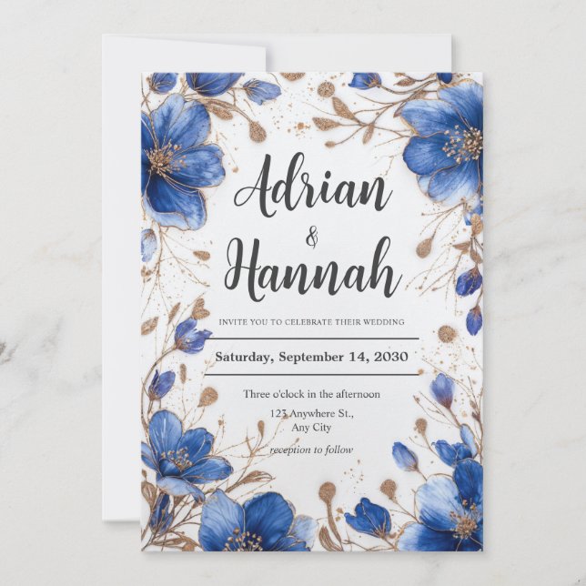 Convites Casamento Floral com Glitter Dourado em Aquarela A (Frente)