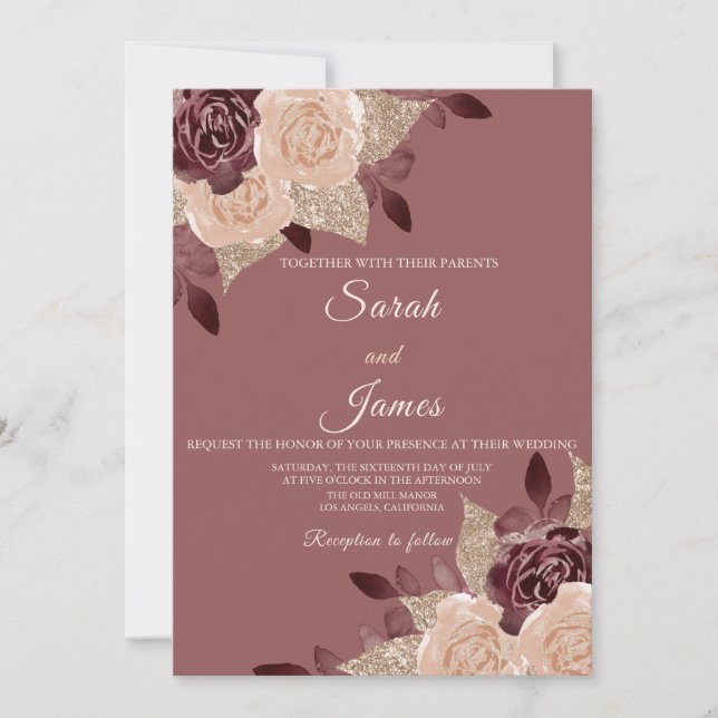 Convites Casamento Floral com Glitter Glitter, Rosa Dourado (Frente)