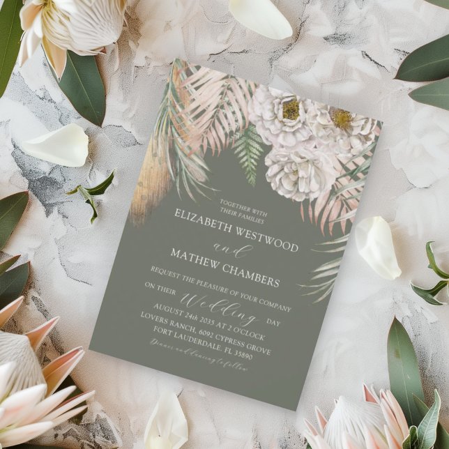 Convites Casamento Floral & com Grama da Pampas Verde Tropi (Criador carregado)