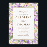 Convites Casamento floral com lavanda<br><div class="desc">Flores de lavanda roxa e aquarela com moldura dourada e cor roxa. Você pode alterar o texto,  o tamanho do texto,  as cores e a fonte neste modelo.</div>