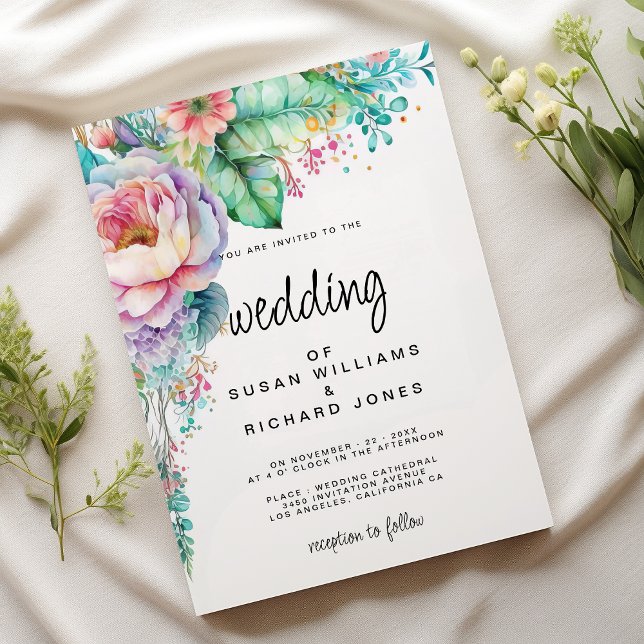 Convites Casamento floral com lavanda cor-de-rosa de menta (Watercolor lavender pink mint coral floral wedding)