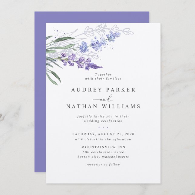 Convites Casamento Floral com Lavanda Romântica (Frente/Verso)