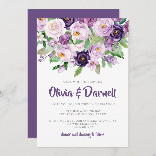 Convites Casamento Floral com Lavanda Roxa (Frente/Verso)