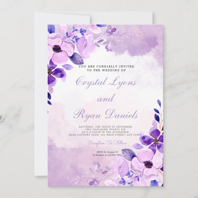 Convites Casamento Floral com Lavanda Roxo Moderno (Frente)