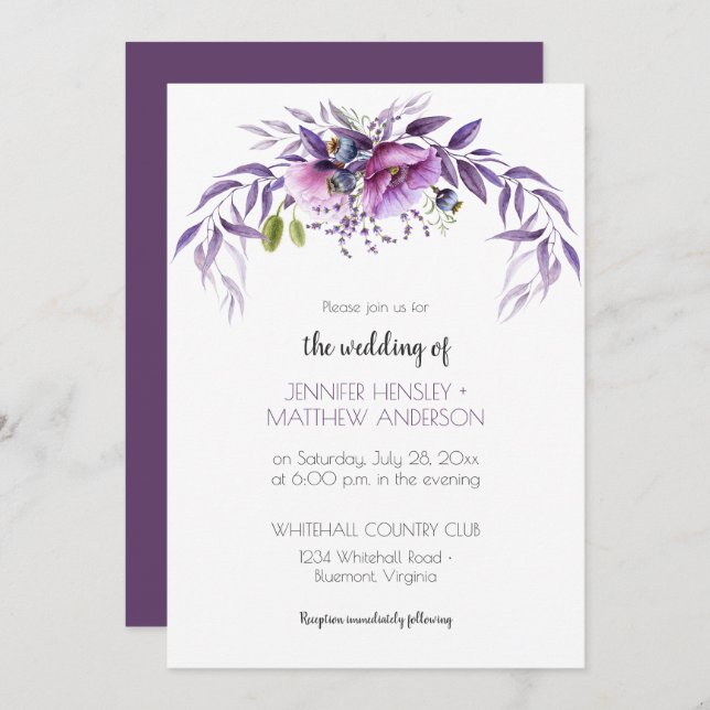 Convites Casamento Floral com Lavanda Violeta Roxa | (Frente/Verso)