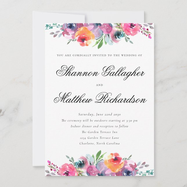 Convites Casamento Floral com Letra Elegante em Aquarela (Frente)
