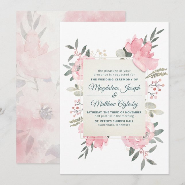 Convites Casamento Floral com Letra Watercolor Bloom (Frente/Verso)