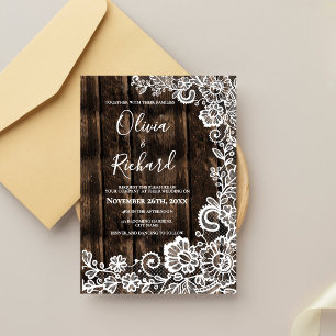 Convites Casamento Floral com Madeira Rústica e Renda Branc