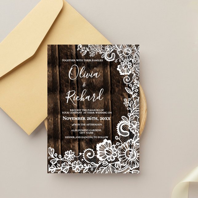 Convites Casamento Floral com Madeira Rústica e Renda Branc (Rustic Wood and White Lace Floral Wedding Invitation)