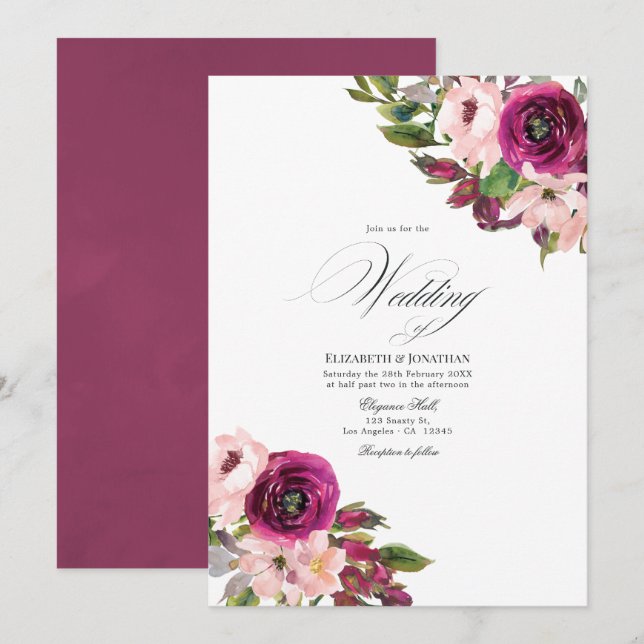 Convites Casamento Floral com Marsala e Beijo de Noiva em A (Frente/Verso)