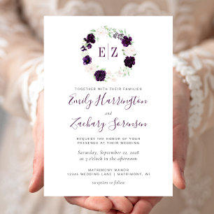 Convites Casamento Floral com Monograma Roxo