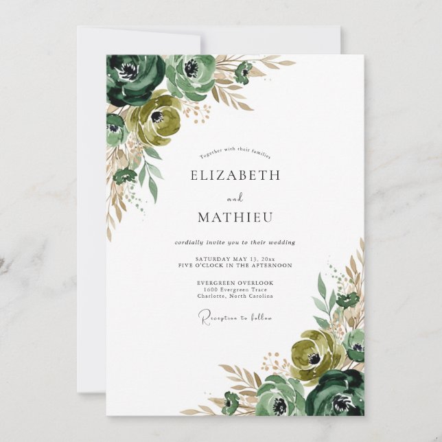 Convites Casamento Floral com Pincelada Verde Floresta (Frente)