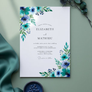 Convites Casamento Floral com Pinceladas de Azul Turquesa R