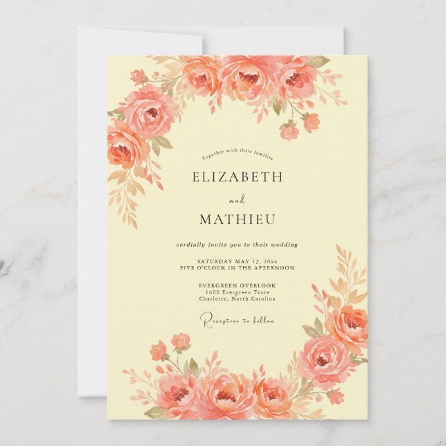 Convites Casamento Floral com Pinceladas de Coral (Frente)