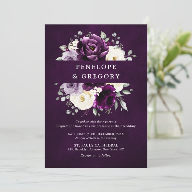 Convites Casamento Floral Com Plum Púrpura De Marinha Branc (Em pé/Frente)