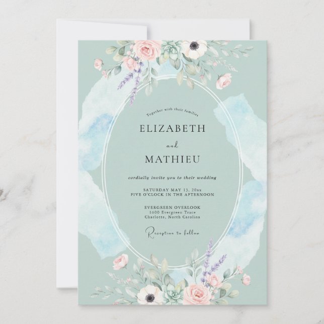 Convites Casamento Floral com Redemoinho de Hortelã (Frente)