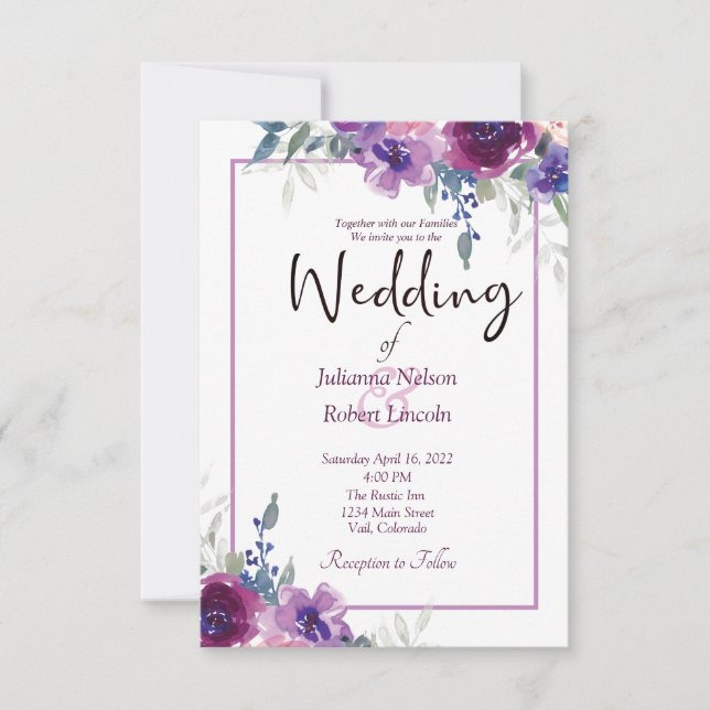 Convites Casamento floral com roxo de aquarelas e mauve inv (Frente)