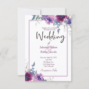 Convites Casamento floral com roxo de aquarelas e mauve inv