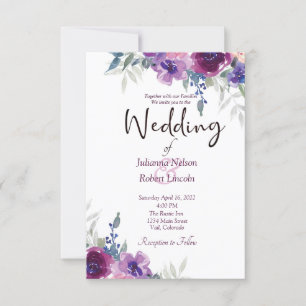 Convites Casamento floral com roxo de aquarelas e mauve inv