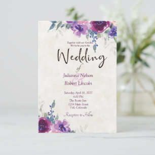 Convites Casamento floral com roxo de aquarelas e mauve inv