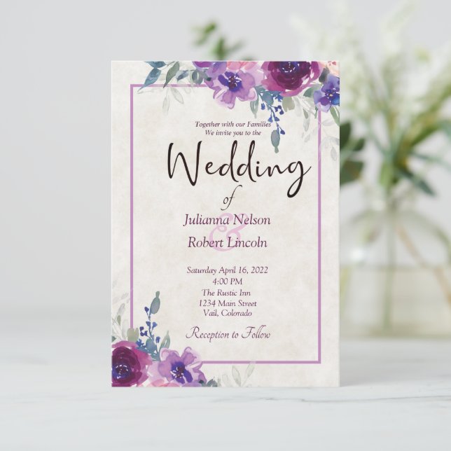 Convites Casamento floral com roxo de aquarelas e mauve inv (Em pé/Frente)