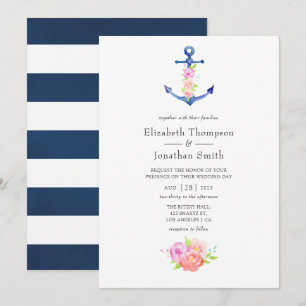 Convites Casamento Floral com Tema Náutico em Aquarela