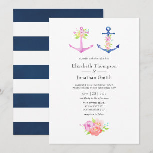 Convites Casamento Floral com Tema Náutico em Aquarela