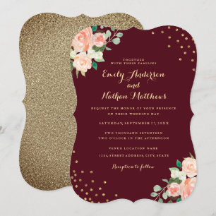 Convites Casamento Floral Confete Dourado Pêssego Borgonha