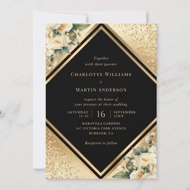 Convites Casamento Floral Confetti, Dourado Negro, (Frente)