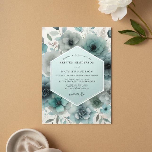 Convites Casamento Floral Congelado Azul (Criador carregado)