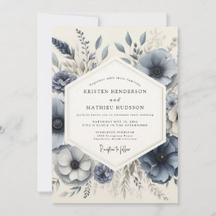 Convites Casamento Floral Congelado em Azul Ardósia