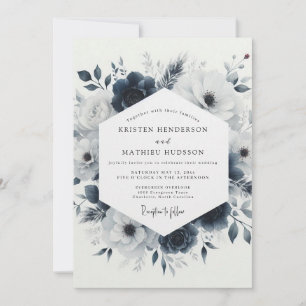 Convites Casamento Floral Congelante Azul Ardósia