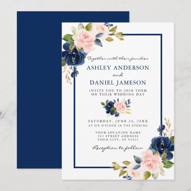 Convites Casamento Floral Cor de Água Clássica Azul Cor-de- (Frente/Verso)