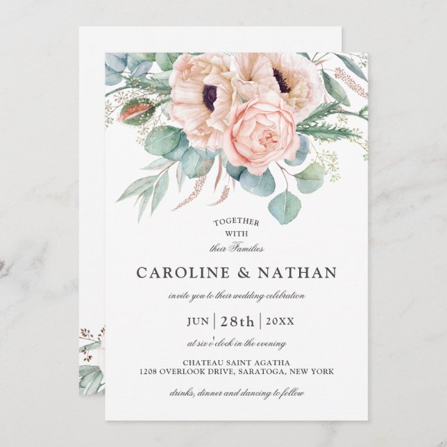 Convites Casamento Floral Cor de Água Rosa e Beige (Frente/Verso)