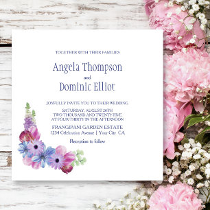 Convites Casamento Floral Cor-de-Azul e Rosa Simples Elegan