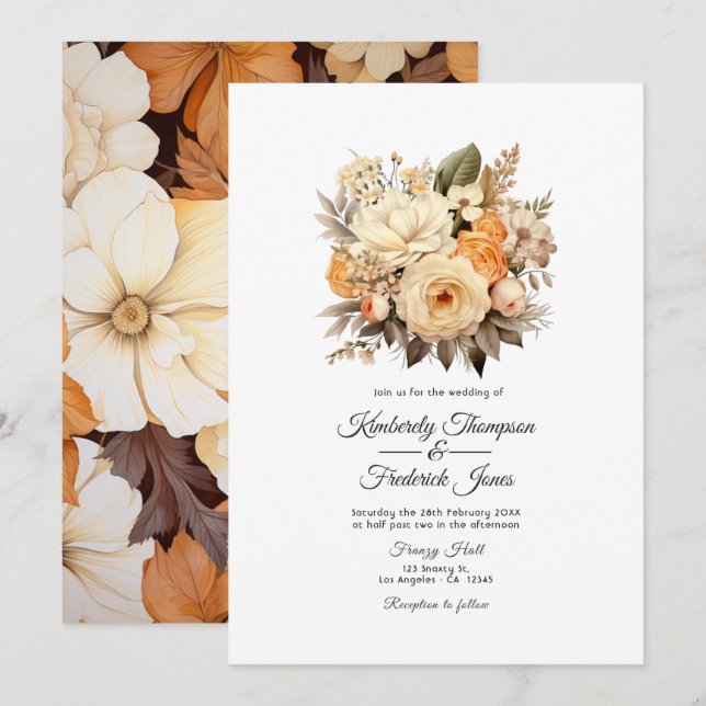 Convites Casamento Floral Cor de Champanhe (Frente/Verso)