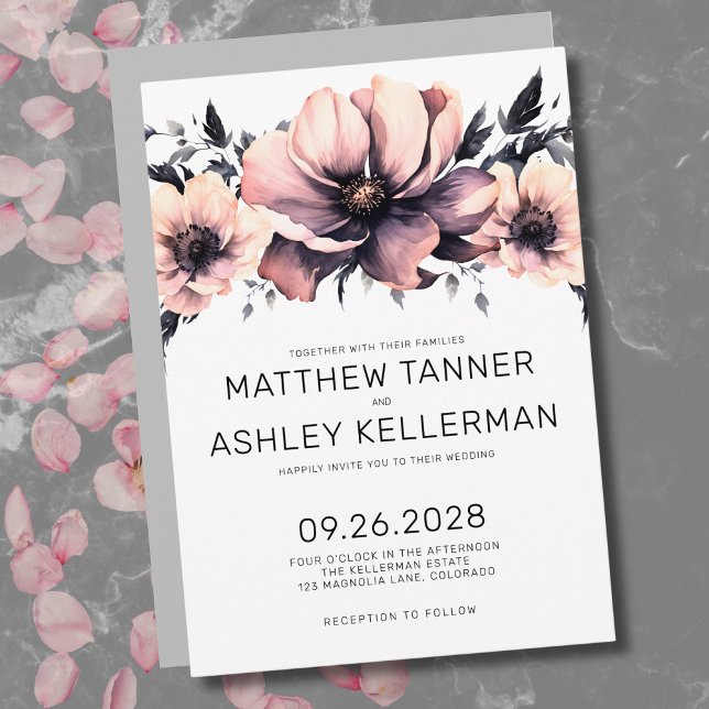 Convites Casamento Floral Cor-de-Lobra Rosa-Esmagada (Watercolor Blush Pink Flowers Boho Floral Wedding Invitation)