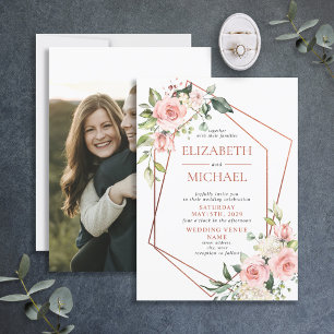 Convites Casamento Floral Cor-de-Pobra Rosa Geométrica de 