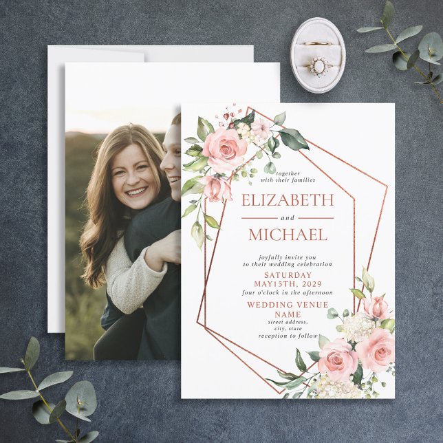 Convites Casamento Floral Cor-de-Pobra Rosa Geométrica de C (Criador carregado)