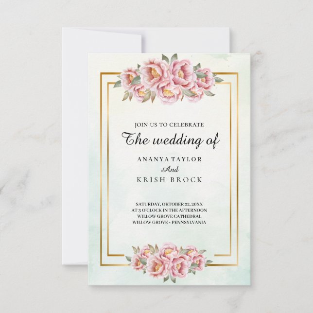 Convites Casamento Floral Cor-de-Rosa (Frente)