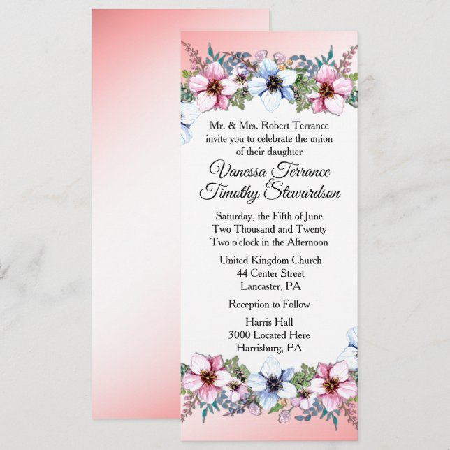 Convites Casamento Floral Cor-de-Rosa (Frente/Verso)