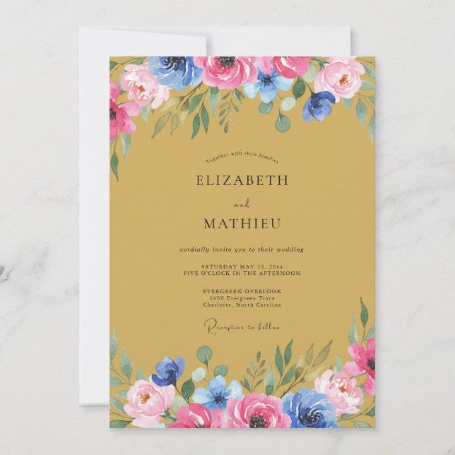 Convites Casamento Floral Cor-de-Rosa Azul (Frente)