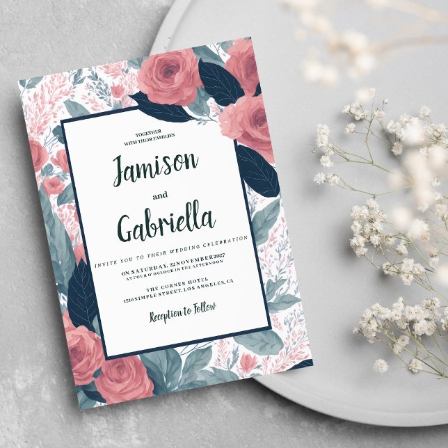 Convites Casamento floral cor-de-rosa azul-marinho (Watercolor navy blue mauve pink floral Wedding )