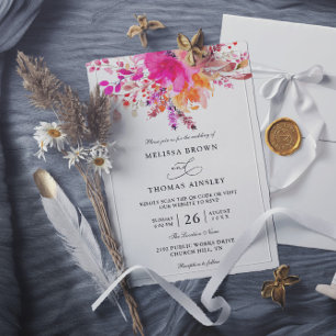 Convites Casamento Floral Cor-de-Rosa Brilhante Elegante Có