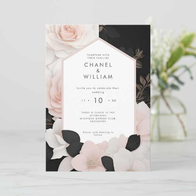 Convites Casamento floral cor-de-rosa com inspiração Chanel (Em pé/Frente)
